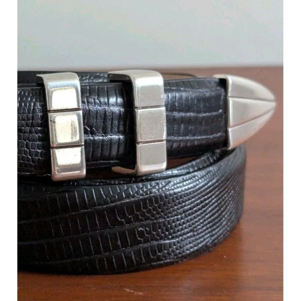 Italian Calfskin Leather Belt Black Men Sz 44 Croc Embossed Silver Southwest NEW